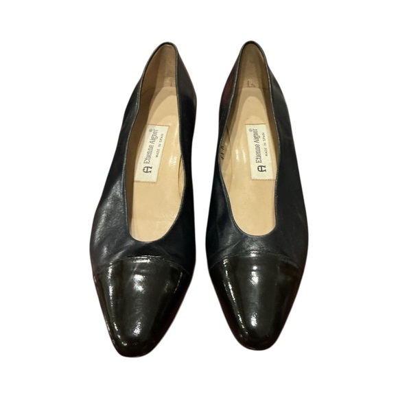 Etienne Aigner Black Leather Patent Cap Toe Pumps Block Heel 8.5 M Retro Classic - Picture 3 of 8